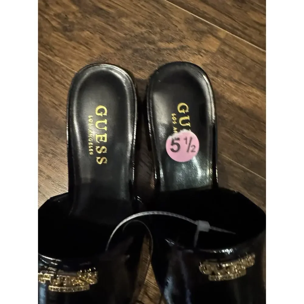 Guess Logo Black Shiny Mules Slip On Block Heels Open Toe Square Sz:5.5